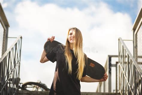 Teenage Girl With Skateboard Stock Photo Image Of Caucasian