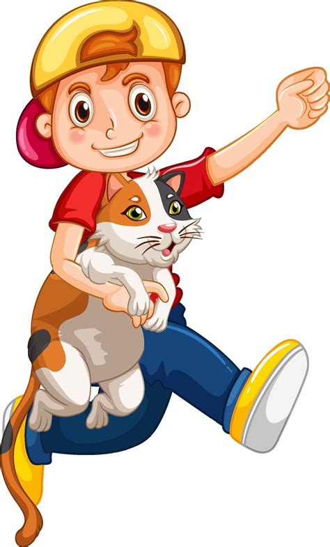 Happy Boy Cartoon Character Hugging A Cute Cat 2290294 Vector Art At