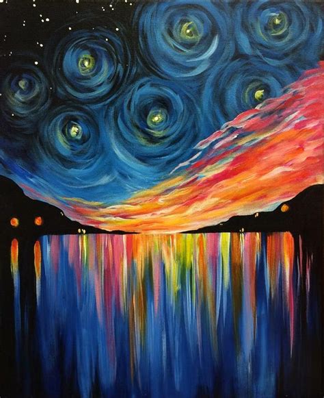 Paint Nite Swirly Starry Night With Rainbow Water Reflections