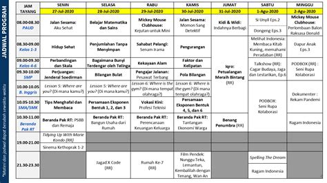 Jadwal dibawah ini ditiadakan sampai ada pengumuman lebih lanjut. Rinto Kusmiran: Panduan dan Jadwal Belajar Dari Rumah di ...