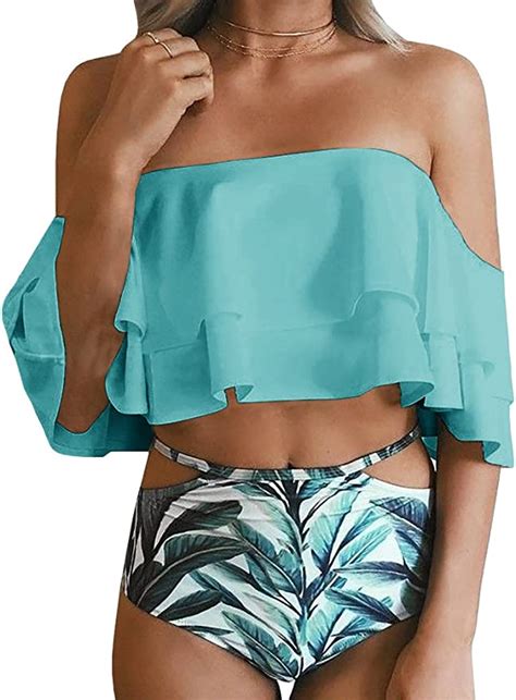 Dellytop Women High Waist Off The Shoulder Swimsuits Layer Ruffle Flounce Sexy