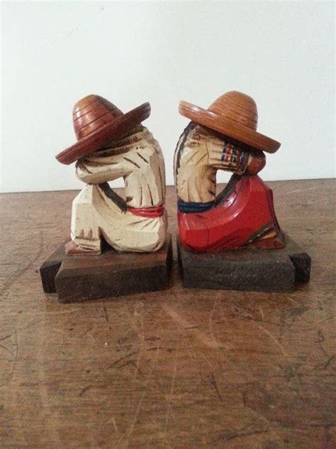 Mexican Bookends Figural Carved Wood Hand Painted Siesta Etsy