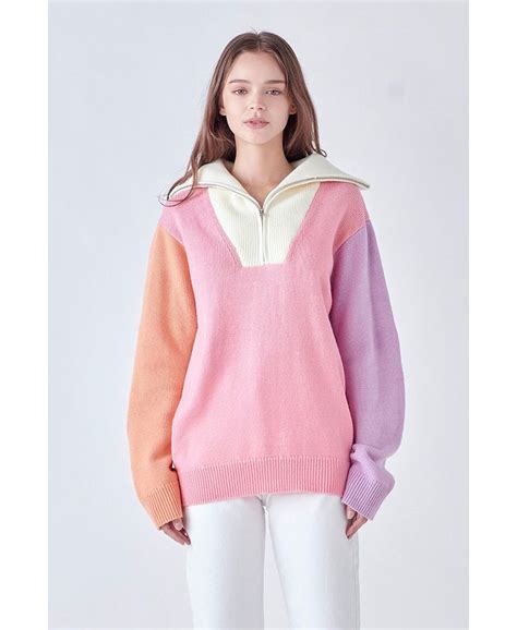English Factory Womens Colorblock Zip Pullover Sweater Macys