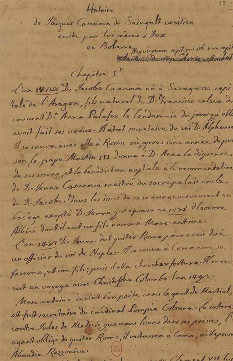 Beginning Of 1st Chapter Manuscript Of Giacomo Casanova Manuscript