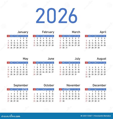 English Calendar For 2026 Week Starts On Sunday Stock Vector