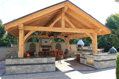 The pavilion's patio base is easier to build if you have a level site. Timber Frame Pavilion with full outdoor kitchen, including ...