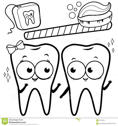Coloring Page Cartoon Teeth With Toothbrush And Dental