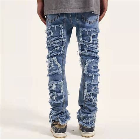 Men Streetwear Stacked Blue Denim Jeans Y2k Distressed Jeans Etsy