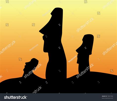 Black Silhouettes Of The Idols Of Easter Island On An Orange Background