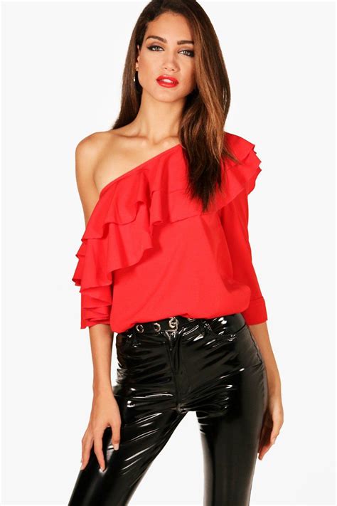Boohoo Synthetic Tall Woven Ruffle One Shoulder Blouse In Red Lyst