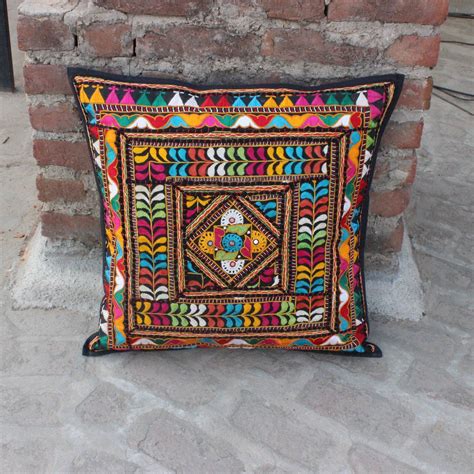 24 In Black Bohemian Pillow Mirror Vintage Hand Embroidered Indian