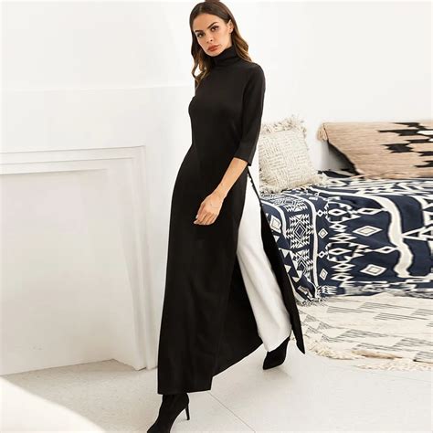 Bohoartist Split Black Plus Size Long Dress Turtleneck Pullover Autumn