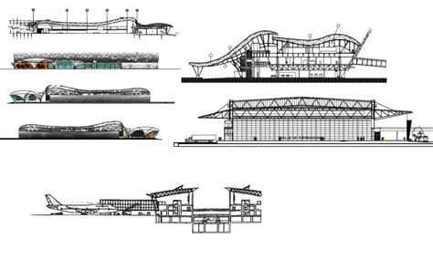 International Airport Of Brasil All Sided Elevation And Section Drawing