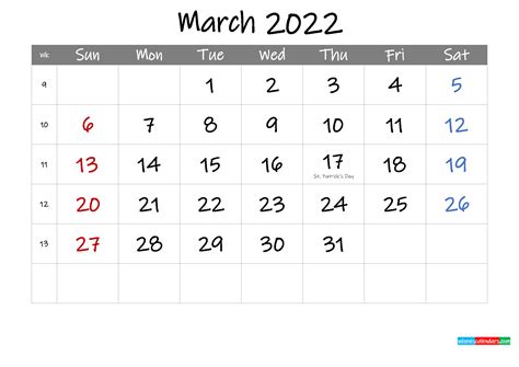 March 2022 Calendar Template Calendar Template 2022
