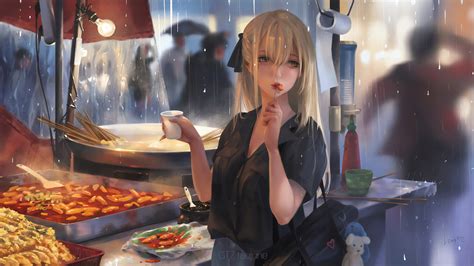 Anime Girl Eating Street Food
