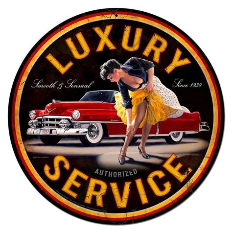 A Sign For Luxury Service With A Woman Dancing In Front Of A Red Classic Car