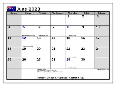 June 2023 Printable Calendar “australia Ss” Michel Zbinden Au