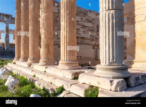 Columns Of Erechtheion Temple On The Acropolis Athens Greece Stock
