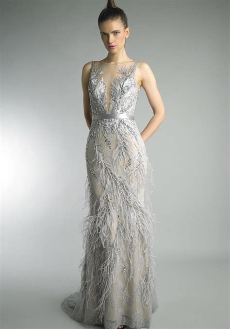 Occasions Beaded Silver Mermaid Evening Dress With Feathers Hk