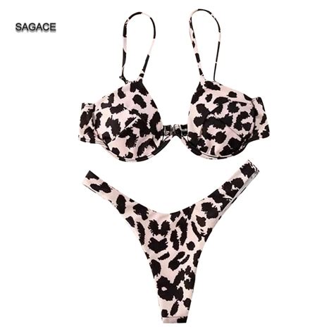 Sagace Bandage Underwire Bikini Set Women Leopard Print Split Swimsuit Sexy Summer Swimwear Lady