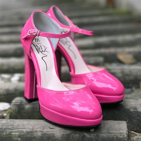 Womens Glossy Pink Amond Toe Front Platform Mary Jane Ankle Strap Killer Heels Pumps