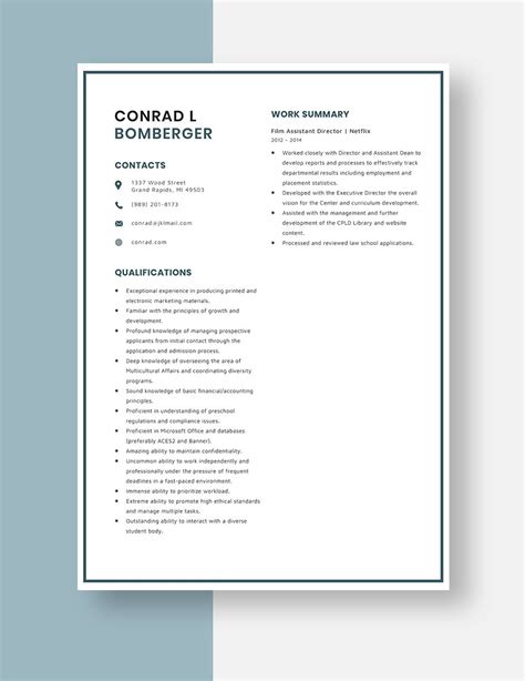 Free Film Assistant Director Resume Download In Word Apple Pages