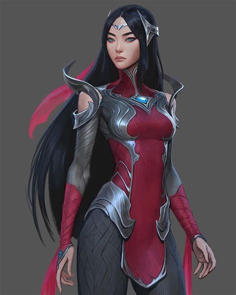 A Woman With Long Black Hair Wearing Red And Silver Armor Standing In