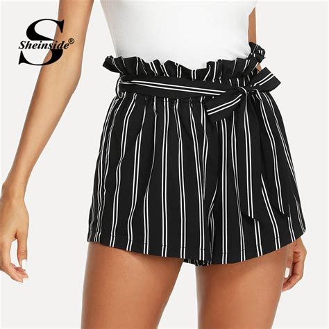 Sheinside Belted Ruffle Waist Striped Shorts 2018 Summer Elastic Waist