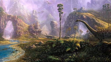 Hd Wallpaper Painting Dinosaur Jungle Forest Landscape Stream