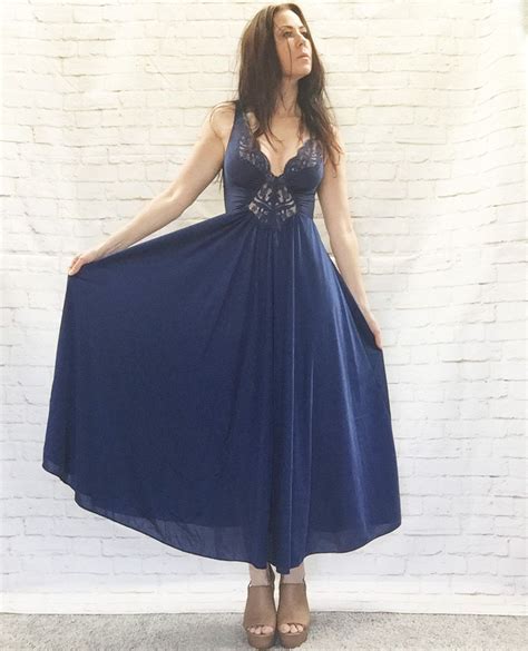 vintage 80s midnight blue lace peekaboo night gown full sweep xs s olga by… vintage clothing