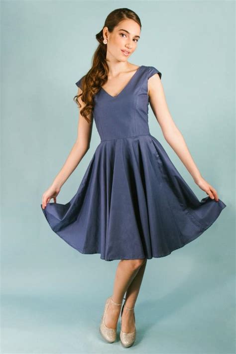 Navy Cotton V Neck Cap Sleeve Knee Length Fit And Flare Dress With Full