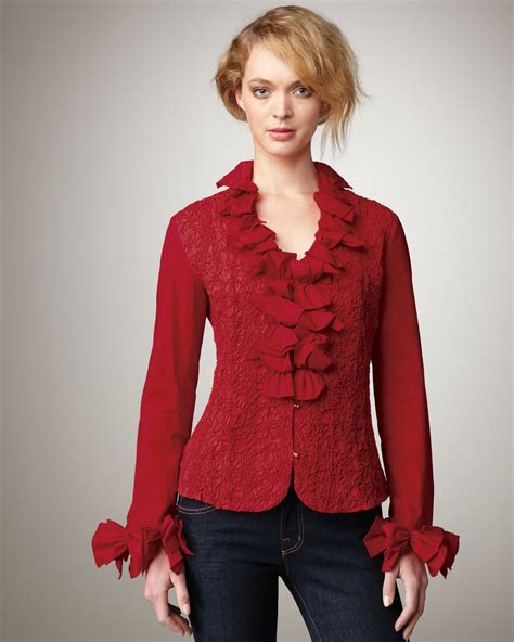 Go By Go Silk Puckered Ruffle Blouse In Red Lyst