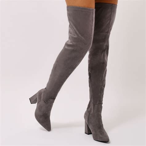 Rapture Over The Knee Boots In Grey Faux Suede Over The Knee Boots