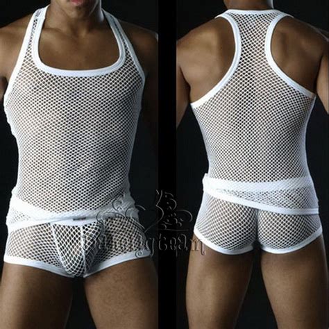 Men S Sexy Lingerie Mesh Fishnet Underwear Tank Top Vest Box Shorts