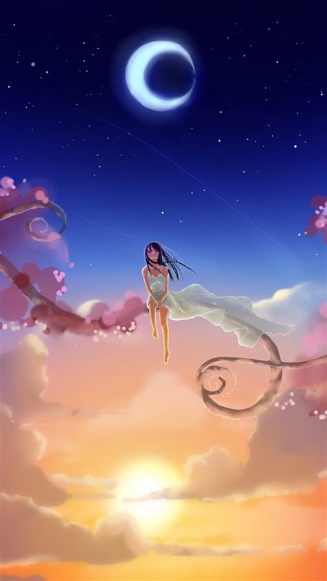 Wallpaper Anime Girl Sky Moon Sun Clouds Branches 2880x1800 Hd