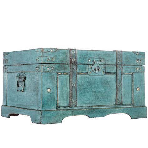Blue Storage Trunk Distressed Rustic Small Antique Style Wood Jewelry