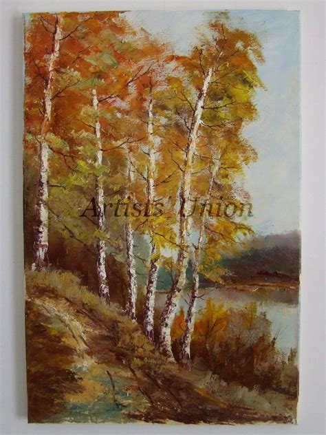 Autumn Birch Trees Original Oil Painting Fall Forest River Landscape