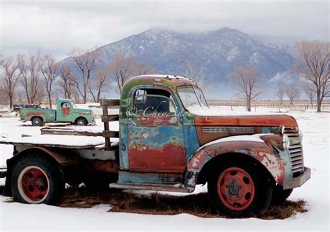 Two Old Rusty Winter Vintage Taos Trucks Turquoise N Rust Chevy Lime