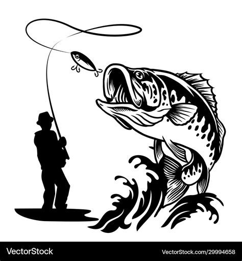 Fisherman Catching Big Bass Fish In Black And Vector Image
