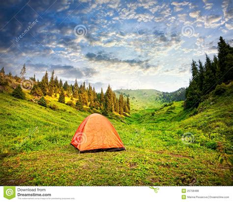 Camping Tent In Mountains Stock Photo Image Of Orange 25758488