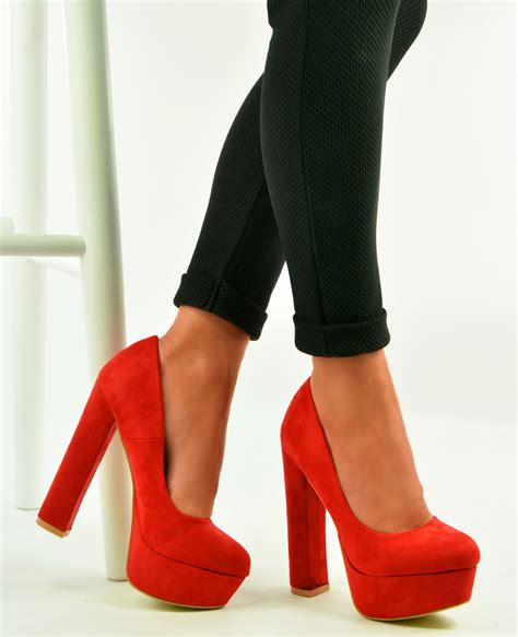 New Womens Ladies Red Suede Platforms High Block Heels Sandals Shoes