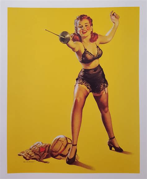 Original Antique Gil Elvgren Redhead Sabre Fencing Pin Up Girl Lithograph Painting By