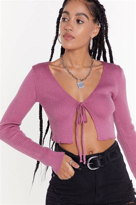 nasty gal we all love a tie r ribbed cropped cardigan in blush pink lyst