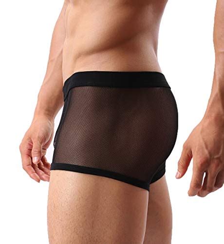 Mens Sexy Underwear Breathable Mesh Boxer Briefs See Through Hollow Lingerie Black Large Best