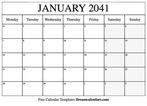 January 2041 Calendar Free Blank Printable With Holidays