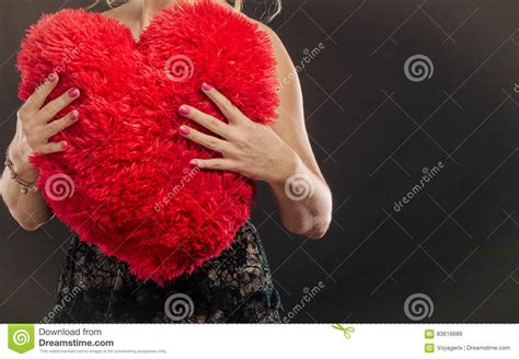 Mature Woman Hug Big Red Heart Stock Image Image Of Beloved Clothing 83616689