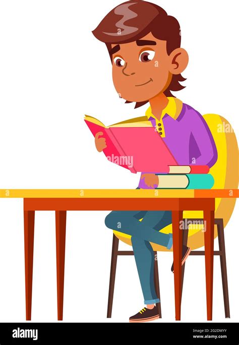 Boy Pupil Reading Educational Book On School Lesson Cartoon Vector