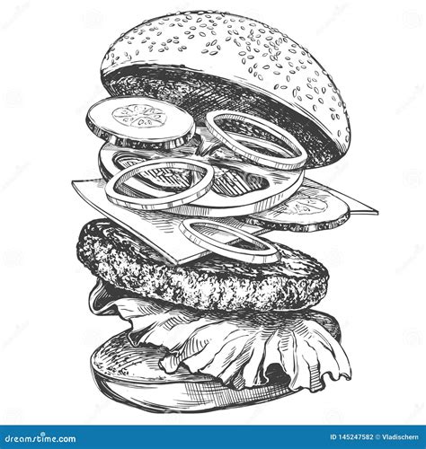 Big Burger Hamburger Hand Drawn Vector Illustration Realistic Sketch