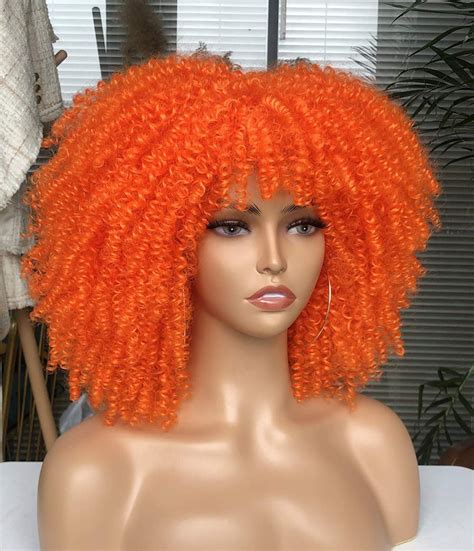 Short Curly Wig With Bnags For Black Women Orange Kinky Curly Etsy