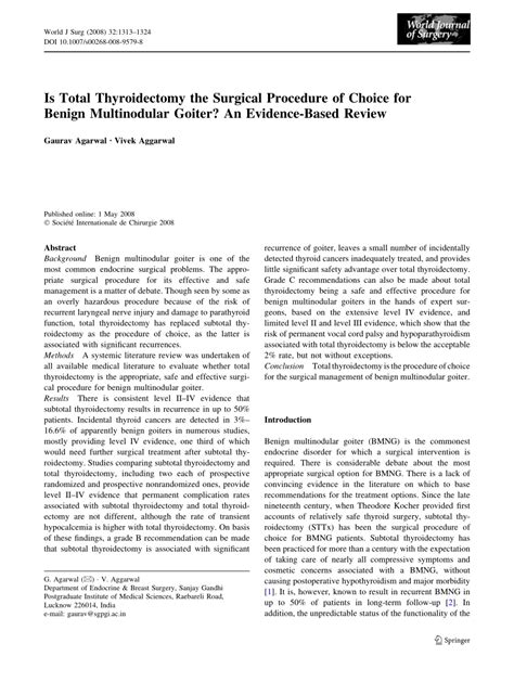 Pdf Is Total Thyroidectomy The Surgical Procedure Of Choice For